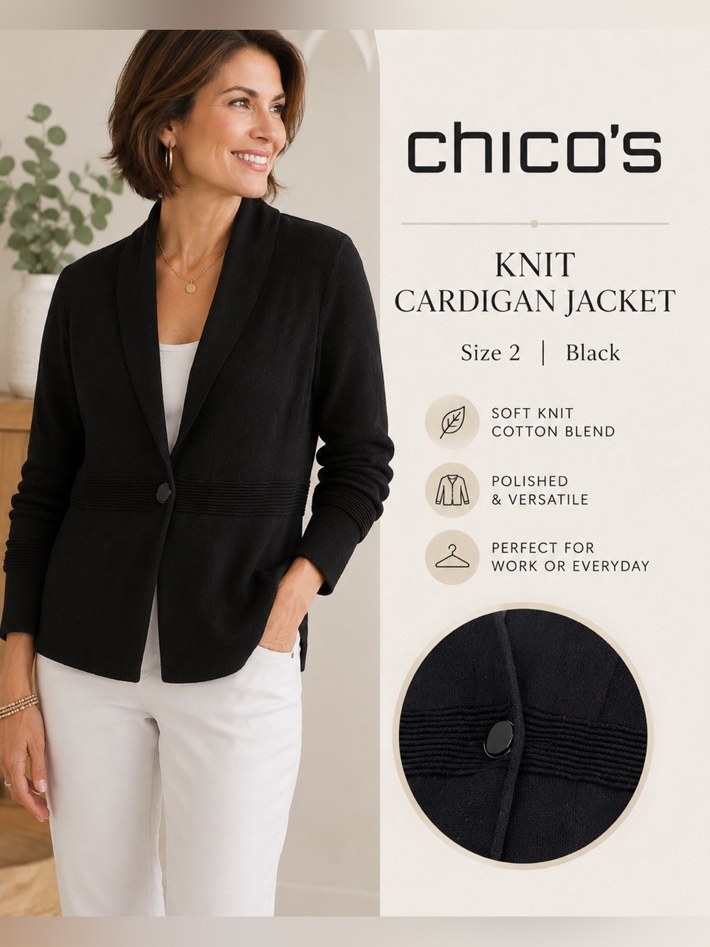 Chico’s Size 2 Black Knit Cardigan Jacket Blazer Long Sleeve Button Career